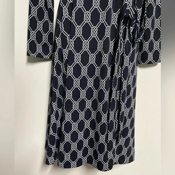 Navy Blue White Chain Link True Wrap Dress Small Timeless Classic Party Career - Picture 7 of 13